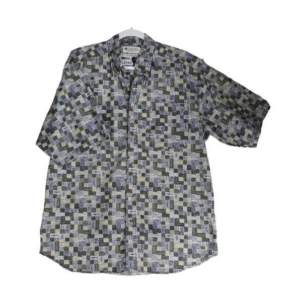 Columbia Button Down Shirt Men Large Blue Green Fish Short Sleeve Cotton Pocket - Picture 1 of 7